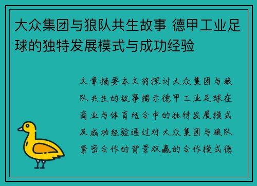 大众集团与狼队共生故事 德甲工业足球的独特发展模式与成功经验