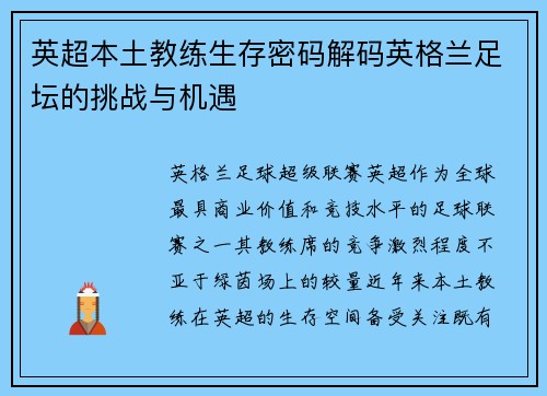 英超本土教练生存密码解码英格兰足坛的挑战与机遇